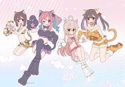 Rule 34 | 4girls, :d, ;), ahoge, animal ear fluff, animal ears, animal hands, aoau0210, bare arms, bare shoulders, bell, black garter straps, black hair, black thighhighs, blue hair, blush, breasts, brown eyes, brown hair, cat ears, cat tail, commentary request, flat chest, full body, fur-trimmed shorts, fur choker, fur trim, garter straps, gloves, grin, hair ornament, hairclip, highres, hozuki kaede, hozuki momiji, jingle bell, large breasts, long hair, looking at another, looking at viewer, multicolored hair, multiple girls, neck bell, official alternate costume, one eye closed, onii-chan wa oshimai!, open mouth, outline, oyama mahiro, oyama mihari, paw gloves, paw shoes, pink hair, purple hair, red eyes, short hair, short ponytail, shorts, siblings, side ponytail, simple background, sisters, skirt, small breasts, smile, stomach, tail, thighhighs, twintails, twitter username, two-tone hair, white outline