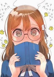 Rule 34 | 1girl, ?, artist name, artist request, blue dress, blush, book, bow, breasts, brown eyes, brown hair, buttons, dress, embarrassed, female focus, glasses, hair between eyes, hair bow, holding, holding book, kunikida hanamaru, light brown hair, long hair, looking at viewer, love live!, love live! school idol festival, love live! sunshine!!, matching hair/eyes, mitaiken horizon, nail, nail polish, parted lips, pink nails, ribbon, smile, solo, striped bow, striped ribbon, upper body, white background, white bow, white ribbon, worried, yaa-kun, yellow eyes