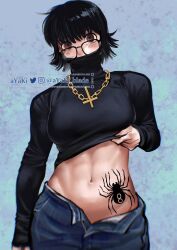 Rule 34 | 1girl, abs, ayaki blade, black hair, breasts, brown eyes, chain, clothes lift, commentary, contrapposto, covered mouth, glasses, gold chain, highres, hip tattoo, hunter x hunter, medium breasts, medium hair, navel, open fly, shizuku murasaki, sleeves past wrists, solo, sweater, sweater lift, turtleneck, turtleneck sweater, twitter username, upper body, watermark
