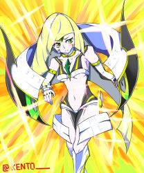 Rule 34 | 10s, 1girl, adapted costume, alternate costume, artist name, bare shoulders, blonde hair, blunt bangs, blush, boots, bracelet, breasts, closed mouth, collarbone, cowboy shot, creatures (company), crossover, crystal, elbow gloves, embarrassed, emphasis lines, game freak, gloves, green eyes, headpiece, highres, jewelry, kamui (kill la kill), kento (omelet-rice), kill la kill, knee boots, long hair, lusamine (pokemon), medium breasts, navel, nintendo, pokemon, pokemon sm, revealing clothes, solo, sparkle, standing, stomach, thighs, twitter username, very long hair, white footwear, white gloves