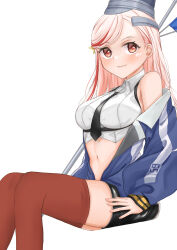 Rule 34 | 1girl, absurdres, black necktie, black skirt, blonde hair, blue jacket, breasts, collared shirt, cropped shirt, hair ornament, highres, jacket, kantai collection, large breasts, long hair, long sleeves, massachusetts (kancolle), miniskirt, multicolored clothes, multicolored hair, multicolored jacket, namakarashi, navel, necktie, red eyes, red hair, red thighhighs, shirt, simple background, sitting, skirt, sleeveless, sleeveless shirt, solo, star (symbol), star hair ornament, streaked hair, thighhighs, white background, white jacket, white shirt