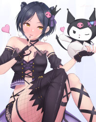 Rule 34 | 1girl, asymmetrical legwear, bandeau, bare shoulders, black eyes, black gloves, black hair, black ribbon, black shirt, black skirt, black sleeves, black thighhighs, blue background, blush, bow, breasts, cleavage, collarbone, crop top, cropped shirt, crossover, demon tail, detached sleeves, earrings, finger to mouth, fingerless gloves, fishnet thighhighs, fishnets, frilled shirt, frills, gloves, hair bow, hair ornament, hair ribbon, hands up, hayami kanade, heart, highres, idolmaster, idolmaster cinderella girls, idolmaster cinderella girls starlight stage, index finger raised, jewelry, knees up, kuromi, large breasts, leg ribbon, looking at viewer, mismatched legwear, multiple girls, nail polish, one eye closed, open clothes, open shirt, parted bangs, parted lips, pencil skirt, pom pom (clothes), pom pom earrings, purple bandeau, purple nails, purple ribbon, ribbon, sanrio, shirt, short hair, shougun (chuckni1), simple background, single thighhigh, sitting, skirt, skull hair ornament, skull print, smile, tail, thighhighs, yellow eyes
