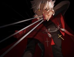 Rule 34 | 1boy, amakusa shirou (fate), arm up, between fingers, black keys (type-moon), cape, commentary, covered mouth, cross, cross necklace, dark-skinned male, dark skin, earrings, eyebrows hidden by hair, fate/apocrypha, fate (series), holding, holding weapon, ichi bee, jewelry, latin cross, long sleeves, looking at viewer, male focus, necklace, one eye covered, orange eyes, parted bangs, red cape, solo, stole, tassel, upper body, weapon, white hair