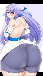 Rule 34 | 1girl, absurdres, ass, backless dress, backless outfit, character request, closed mouth, detached sleeves, dress, from behind, half updo, highres, huge ass, long hair, looking at viewer, looking back, purple eyes, purple hair, raised eyebrows, school girl strikers, shiny skin, shorts, smile, solo, standing, underwear, white dress, white sleeves, yeneisha