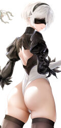 Rule 34 | 1girl, 1other, 2b (nier:automata), ass, back cutout, black hairband, black thighhighs, blindfold, closed mouth, clothing cutout, commentary request, curvy, from behind, hairband, highleg, highleg leotard, highres, huge ass, leotard, liu liaoliao, long sleeves, looking back, nier:automata, nier (series), pod (nier:automata), short hair, skindentation, thighhighs, thighs, thong leotard, white background, white hair, white leotard, wide hips