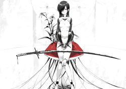 Rule 34 | 1girl, absurdly long hair, android, black hair, female focus, flower, hair over one eye, highres, long hair, monochrome, original, red eyes, sitting, solo, spot color, sword, tokiti, very long hair, weapon, white background