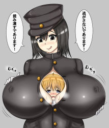 Rule 34 | 10s, 1boy, 1girl, akitsu maru (kancolle), bad id, bad pixiv id, between breasts, black hat, breast smother, breasts, covered erect nipples, face to breasts, fundoshi (akitoshi1827), hat, hetero, huge breasts, kantai collection, no bra, shared clothes, tongue, tongue out, translated