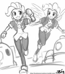 Rule 34 | 2girls, :d, blush, capcom, clenched hand, cosplay, crossover, flying, full body, gloves, greyscale, john joseco, long sleeves, mega man (series), mega man legends (series), monochrome, multiple girls, my little pony, open mouth, outdoors, pants, pantyhose, personification, pinkie pie, short hair, simple background, smile, surprise (mlp), tron bonne (mega man), tron bonne (mega man) (cosplay), uniform, watercolors, watermark, white background