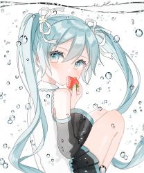 Rule 34 | 1girl, absurdres, aqua eyes, aqua hair, aqua nails, bubble, commentary, detached sleeves, food, from side, fruit, hatsune miku, highres, holding, holding food, long hair, looking at viewer, nail polish, re eva, shirt, simple background, solo, strawberry, symbol-only commentary, twintails, underwater, upper body, vocaloid, white background, white shirt