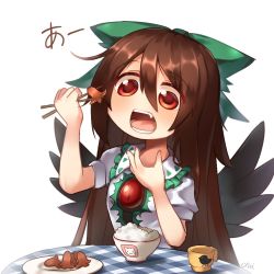 Rule 34 | 1girl, artist name, asrielchu, black wings, blush, bow, bowl, brown hair, chopsticks, commentary request, cup, fang, food, food art, green bow, hair between eyes, hair bow, hand up, holding, long hair, mug, open mouth, red eyes, reiuji utsuho, rice, rice bowl, saucer, shirt, signature, simple background, solo, table, tako-san wiener, teeth, third eye, touhou, white background, white shirt, wings