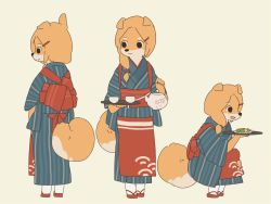 Rule 34 | 1girl, dog, female focus, flat color, full body, furry, furry female, japanese clothes, multiple views, open mouth, short hair, simple background, yagi (s1120411)