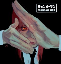 Rule 34 | 1girl, black background, black necktie, chainsaw man, collared shirt, corrupted twitter file, highres, jumi skt, makima (chainsaw man), medium hair, necktie, own hands together, peeking out, red hair, ringed eyes, shirt, sidelocks, simple background, solo