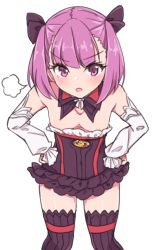 Rule 34 | 1girl, bare shoulders, black bow, black dress, black thighhighs, blush, bow, breasts, chawan (yultutari), detached collar, detached sleeves, dress, fate/grand order, fate (series), hair bow, hands on own hips, helena blavatsky (fate), highres, leaning forward, looking at viewer, open mouth, purple eyes, purple hair, short dress, short hair, simple background, small breasts, solo, strapless, strapless dress, thighhighs, thighs, white background, white sleeves