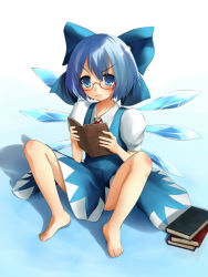 Rule 34 | &gt;:(, 1girl, bad id, bad pixiv id, barefoot, bespectacled, blue eyes, book, bow, cirno, frown, glasses, hair bow, ice, ice wings, open book, reading, sarekoube, sitting, solo, touhou, v-shaped eyebrows, wings