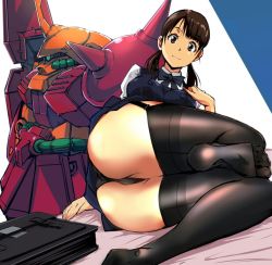 Rule 34 | 1girl, ass, bag, black thighhighs, blue ribbon, blue vest, breasts, brown eyes, brown hair, closed mouth, commentary request, garter straps, gundam, hair ornament, jacket, kamisimo 90, long hair, looking at viewer, lying, marasai, mecha, neck ribbon, on side, original, panties, presenting, ribbon, robot, school bag, shirt, smile, solo, thighhighs, thighs, twintails, twintails nurse (kamisimo 90), underwear, vest, white panties, zeta gundam