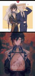 Rule 34 | absurdres, blush, bridal veil, bride, cup, formal, funeral, genshin impact, groom, heart, highres, holding another&#039;s arm, picture frame, shuzai233, suit, teacup, veil, wedding, zhongli (genshin impact)