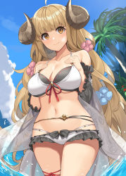 Rule 34 | 1girl, absurdres, ahoge, anila (granblue fantasy), anila (summer) (granblue fantasy), bare shoulders, bikini, black bikini, blonde hair, blue sky, blunt bangs, blush, breasts, brown eyes, cleavage, closed mouth, cloud, collarbone, commentary request, cowboy shot, day, detached sleeves, draph, granblue fantasy, hands on own chest, hands up, highres, horns, large breasts, layered bikini, long hair, long sleeves, looking at viewer, navel, outdoors, palm tree, sheep horns, short eyebrows, sky, smile, solo, stomach, suiroh (shideoukami), swimsuit, thick eyebrows, thighs, tree, very long hair, wading, water, white bikini, wide sleeves