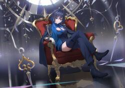 Rule 34 | 1girl, black hair, blue eyes, blue hair, blue necktie, blue shirt, blush, bow, breasts, chromatic aberration, coat, coat on shoulders, colored inner hair, crossed legs, diffraction spikes, earrings, glint, gloves, hair intakes, hair ornament, highres, hololive, hololive english, jewelry, large breasts, light particles, long hair, looking at viewer, military uniform, multicolored hair, necktie, official alternate costume, official alternate hairstyle, ouro kronii, ouro kronii (4th costume), shirt, short hair, sitting, smile, solo, uniform, virtual youtuber, white gloves, wolf cut, yd (orange maru)