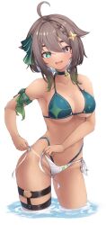 Rule 34 | 1girl, absurdres, alternate costume, arm ribbon, bikini, blue nails, blush, breasts, brown eyes, brown hair, collarbone, cross-shaped pupils, dot nose, eyebrows, eyelashes, feet out of frame, female focus, fingernails, gradient hair, green bikini, green eyes, green hair, green ribbon, hair ribbon, heterochromia, highres, indie virtual youtuber, large breasts, leaf-shaped pupils, looking at viewer, matching hair/eyes, medium hair, meica (vtuber), mismatched pupils, multicolored hair, nail polish, open mouth, ribbon, shironagase, smile, solo, standing, swimsuit, symbol-shaped pupils, tan, tanline, thick eyebrows, thigh strap, tongue, two-tone bikini, two-tone hair, virtual youtuber, water, white bikini