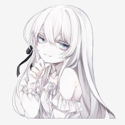 Rule 34 | 1girl, bare shoulders, black ribbon, blue eyes, colored skin, dress, frilled dress, frills, hand on own chin, long hair, looking at viewer, original, ribbon, shiro yurine, upper body, white background, white dress, white hair, white skin, yuu (shiro yurine)