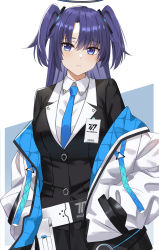 Rule 34 | 1girl, asymmetrical bangs, belt, belt pouch, black skirt, black suit, blue archive, blue jacket, blue necktie, breasts, closed mouth, collared shirt, formal, gaitoou, hair between eyes, hair ornament, halo, hands in pockets, highres, id card, jacket, layered clothes, long hair, looking at viewer, medium breasts, multicolored clothes, multicolored jacket, necktie, off shoulder, pouch, purple eyes, purple hair, shirt, simple background, skirt, solo, suit, two side up, upper body, white belt, white jacket, white shirt, yuuka (blue archive)