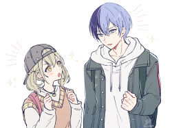 Rule 34 | 1boy, 1girl, aoyagi touya, azusawa kohane, baseball cap, black headwear, blue hair, brown eyes, buttons, chizu (fiute), clenched hand, clenched hands, commentary request, dark blue hair, drawstring, eye contact, grey eyes, grey hoodie, hands up, hat, hood, hood down, hoodie, jacket, jacket over hoodie, jewelry, light brown hair, long sleeves, looking at another, mole, mole under eye, multicolored hair, necklace, notice lines, open clothes, open jacket, project sekai, short hair, short twintails, sparkle, split-color hair, star (symbol), twintails, two-tone hair, upper body, vest