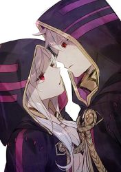 Rule 34 | 1boy, 1girl, a082, corruption, dark persona, dual persona, fire emblem, fire emblem awakening, fire emblem heroes, grima (fire emblem), hood, hood up, intelligent systems, nintendo, parted lips, possessed, possession, red eyes, robe, robin (female) (fire emblem), robin (fire emblem), robin (male) (fire emblem), simple background, white background, white hair