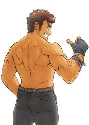 Rule 34 | 1boy, ass, back, bara, barry go, brown hair, cowboy shot, dark-skinned male, dark skin, facial hair, from behind, goatee, highres, takabushi kengo, long sideburns, male focus, muscular, muscular male, pointing, pointing at self, short hair, sideburns, solo, stubble, thick eyebrows, thighs, tokyo houkago summoners, topless male, white background