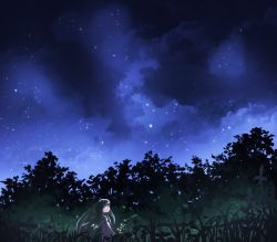 Rule 34 | 1girl, black hair, branch, forest, grass, heiya, hime cut, houraisan kaguya, jeweled branch of hourai, light particles, long hair, looking at viewer, looking back, nature, night, night sky, pink shirt, red eyes, scenery, shirt, sky, solo, star (symbol), touhou, very long hair, wind