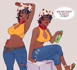 Rule 34 | 1girl, 2023, absurdres, arm up, armpits, bandana, beer bottle, belt, black hair, blue pants, blush, bottle, breasts, brown eyes, capri pants, cigarette, cleavage, collage, commentary, cropped shirt, crossed legs, dark-skinned female, dark skin, denim, earrings, english commentary, fingernails, groin, highres, holding, holding bottle, holding cigarette, hoop earrings, jeans, jewelry, large breasts, linea alba, looking at viewer, lowleg, lowleg pants, midriff, nagainosfw, nail polish, original, pants, plunging neckline, polka dot, popped collar, red lips, red nails, sandals, shirt, short hair, sitting, sleeveless, sleeveless shirt, smoking, solo, spanish text, speech bubble, toenail polish, toenails, toes, torn clothes, torn jeans, torn pants, translated, yellow shirt