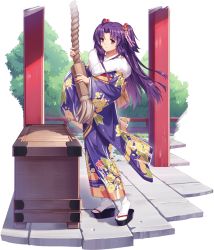 Rule 34 | 1girl, ark order, artist request, black footwear, clannad, fence, floral print, full body, fur collar, hair bobbles, hair intakes, hair ornament, ichinose kotomi, japanese clothes, kimono, long hair, long sleeves, looking at viewer, official art, okobo, print kimono, purple eyes, purple hair, purple kimono, sandals, shrine bell, sidelocks, solo, stone floor, tabi, transparent background, tree, two side up, white legwear, wide sleeves