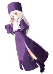 Rule 34 | 1girl, black footwear, blush, boots, commentary, fate/stay night, fate (series), full body, fur hat, hat, highres, illyasviel von einzbern, jacket, long hair, looking at viewer, miruto netsuki, papakha, purple hat, purple jacket, red eyes, scarf, simple background, solo, standing, white background, white hair, white scarf