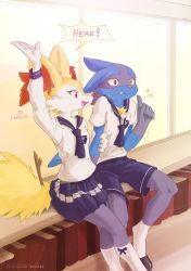 Rule 34 | 1boy, 1girl, :3, ancesra, animal ear fluff, animal ears, animal nose, arm up, artist name, black footwear, black fur, blue fur, blue neckerchief, blue shorts, blue skirt, blush, body fur, book, braixen, breast pocket, breasts, classroom, claws, clenched teeth, clothed pokemon, constricted pupils, creatures (company), crossed legs, day, ears down, english text, fang, fox ears, fox girl, fox tail, furry, furry female, game freak, gen 4 pokemon, gen 6 pokemon, hand up, happy, heart, highres, holding another&#039;s arm, index finger raised, indoors, kneehighs, light blush, long sleeves, lucario, miniskirt, neckerchief, nervous, nintendo, open mouth, patreon username, pleated skirt, pocket, pokemon, pokemon (creature), red eyes, school uniform, serafuku, shirt, shoes, short sleeves, shorts, sideways mouth, sitting, skirt, small breasts, smile, snout, socks, speech bubble, spikes, spoken heart, stick, sweat, tail, talking, teeth, trembling, watermark, web address, white fur, white shirt, white socks, window, wolf boy, wolf ears, wolf tail, yellow fur