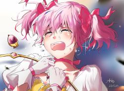 Rule 34 | 1girl, blush, bow, bow (weapon), bubble skirt, choker, closed eyes, crying, gloves, hair bow, hands up, holding, holding weapon, kaname madoka, magical girl, mahou shoujo madoka magica, mahou shoujo madoka magica (anime), natsu (nacheu2772), open mouth, pink bow, pink hair, puffy short sleeves, puffy sleeves, red choker, ribbon choker, short sleeves, short twintails, skirt, sobbing, solo, soul gem, tears, twintails, upper body, weapon, white gloves