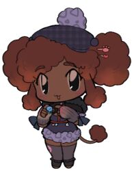 Rule 34 | 1girl, :3, animal ears, beret, black eyes, borrowed character, brown hair, charm (object), chest harness, chibi, curly hair, dark-skinned female, dark skin, dog ears, dog girl, dog tail, double bun, dress, elbow gloves, fingerless gloves, full body, fur-tipped tail, fur-trimmed dress, fur trim, gloves, hair bun, hair ornament, hairpin, hands up, harness, hat, heart, heart hair ornament, holding, holding charm, lapithai, looking at viewer, lowres, medium hair, open mouth, original, paw hair ornament, pom pom (clothes), poodle, purple dress, sidelocks, simple background, sleeveless, sleeveless dress, solo, standing, tail, thighhighs, transparent background