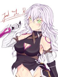 Rule 34 | 1girl, alternate breast size, bandages, bare shoulders, belt, blackwatchar, breasts, cleavage, cleavage cutout, clothing cutout, dagger, fate/apocrypha, fate/grand order, fate (series), green eyes, highres, jack the ripper (fate/apocrypha), knife, long hair, navel, aged up, purple hair, scarf, solo, weapon