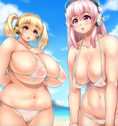 Rule 34 | 2girls, bikini, blonde hair, blush, breasts, cleavage, cloud, covered erect nipples, headphones, huge breasts, large breasts, loose bikini, meat day, multiple girls, navel, nipples, nitroplus, open mouth, orange eyes, pink hair, plump, pussy, pussy peek, red eyes, see-through, short hair, skindentation, standing, super pochaco, super sonico, swimsuit, thick thighs, thighs, twintails, white bikini, wide hips, yoohi