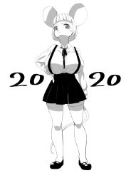 Rule 34 | 2020, animal ears, arm at side, black footwear, black ribbon, black skirt, blunt bangs, breasts, facial mark, greyscale, hand on own hip, highres, large breasts, long sleeves, looking at viewer, megalobilly, monochrome, mouse ears, mouse girl, mouse tail, original, ribbon, short hair, simple background, skirt, solo, suspender skirt, suspenders, tail, thighhighs, whisker markings, white background, white hair, white thighhighs