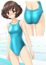Rule 34 | 1girl, absurdres, akiyama yukari, alternate costume, aqua one-piece swimsuit, arms at sides, asics, ass, blurry, blurry background, blush, breasts, brown eyes, brown hair, character name, clothes writing, collarbone, commentary request, competition swimsuit, cowboy shot, depth of field, embarrassed, girls und panzer, highleg, highleg swimsuit, highres, lane line, logo, looking at viewer, multiple views, nose blush, one-piece swimsuit, pool, short hair, skin tight, small breasts, solo, standing, swept bangs, swimsuit, takafumi, taut clothes, taut swimsuit, thighs, wavy hair