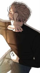 Rule 34 | 1boy, arm up, baek dohwa, black sweater, blonde hair, green pants, hand up, highres, long hair, looking at viewer, lying, operation: true love, pants, simple background, sweater, white background, yellow eyes