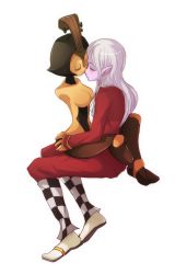 Rule 34 | 1boy, 1girl, black hair, breasts, closed eyes, colored skin, doll joints, highres, imminent kiss, instrument, joints, long hair, muse (skullgirls), no arms, no headwear, no mouth, no nipples, paramouse, personification, pink skin, pointy ears, short hair, shotlancer, silver hair, simple background, sitting, sitting on lap, sitting on person, skullgirls, straddling, taliesin (skullgirls), upright straddle