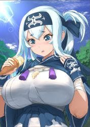 Rule 34 | 10s, 1girl, ainu clothes, bandana, blue eyes, breasts, cloud, cropped jacket, crystal shoujo, day, folded ponytail, food, headband, highres, ice cream, kamoi (kancolle), kantai collection, large breasts, lens flare, long hair, looking down, sidelocks, sky, solo, spill, thick eyebrows, upper body, white hair, wrist guards