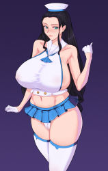 Rule 34 | 1girl, 47 hard, alternate breast size, armpits, bare arms, bare shoulders, black hair, blue skirt, breasts, cameltoe, collarbone, cowboy shot, crotch, curvy, dress, earrings, frontal upskirt, gloves, gradient background, green eyes, half gloves, hand on own hip, hat, highres, huge breasts, jewelry, long hair, looking at viewer, microskirt, midriff, miniskirt, nanoskirt, navel, nico robin, no bra, one piece, panties, pantyshot, pleated skirt, purple background, revealing clothes, sailor, sailor collar, sailor dress, sailor hat, short dress, sideboob, simple background, skindentation, skirt, smile, solo, standing, thighhighs, underwear, white gloves, white panties, white thighhighs
