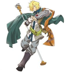 Rule 34 | 10s, 1boy, blonde hair, full body, green eyes, hara kazuhiro, holding, log horizon, looking at viewer, lunderhaus cord, male focus, official art, one eye closed, rundelhause code, short hair, simple background, smile, solo, staff, white background