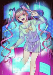 Rule 34 | 1girl, ame-chan (needy girl overdose), black background, blue bow, blue eyes, blue hair, blue light, blue nails, bow, chouzetsusaikawa tenshi-chan, collarbone, drill hair, eyelashes, glitch, happy, heart, highres, long sleeves, looking at viewer, multicolored hair, multicolored nails, nail polish, needy girl overdose, nyl0n06, open mouth, pin, pink bow, pink hair, pink nails, red bow, screen, screen light, skirt, smile, solo, standing, star (symbol), star pin, teeth, thighs, twintails, v, white hair, yellow bow