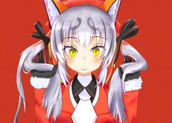 Rule 34 | 1girl, absurdres, animal costume, animal ear fluff, animal ears, blazer, closed mouth, fox ears, fox girl, gloves, grey hair, hat, highres, island fox (kemono friends), jacket, kemono friends, kemono friends v project, long hair, looking at viewer, multicolored hair, necktie, nekomimi illust, orange hair, red background, ribbon, shirt, simple background, smile, solo, twintails, virtual youtuber, yellow eyes