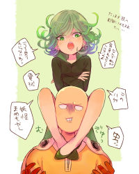 Rule 34 | 1boy, 1girl, :o, angry, bad id, bad pixiv id, bald, black dress, blank eyes, breasts, cape, carrying, clenched teeth, crossed arms, crossed legs, curly hair, dress, flipped hair, green eyes, green hair, looking down, ofune, one-punch man, open mouth, saitama (one-punch man), short hair, shoulder carry, sitting on shoulder, small breasts, speech bubble, talking, tatsumaki, teeth, text focus, translated