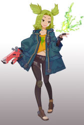 Rule 34 | absurdres, bandaid, bandaid on face, blue jacket, bolt, brown eyes, brown footwear, brown gloves, brown pants, electricity, electrokinesis, fingerless gloves, gloves, green hair, gun, highres, holding, holding gun, holding weapon, jacket, league of legends, lightning bolt symbol, midriff, open clothes, open jacket, pants, parted bangs, ptdra, simple background, tank top, toeless footwear, twintails, weapon, yellow tank top, zeri (league of legends)