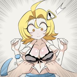 Rule 34 | 1boy, 1girl, absurdres, antenna hair, blonde hair, blush, bra, breasts, colored skin, dan-chan, embarrassed, hair ornament, hetero, highres, imminent penetration, large breasts, looking at another, looking down, lucyfer, open clothes, open shirt, original, shiny skin, short hair, simple background, underwear, undressing, undressing another, upper body, white background, white skin, yellow eyes