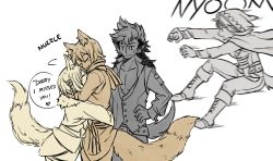 Rule 34 | 2boys, 2girls, animal ears, boots, dlanon, father and daughter, fire emblem, fire emblem fates, fox ears, fox tail, hand on own hip, hood, hug, jumping, kaden (fire emblem), keaton (fire emblem), multiple boys, multiple girls, nintendo, selkie (fire emblem), sound effects, speech bubble, standing, tail, velouria (fire emblem), white background, wolf ears, wolf tail